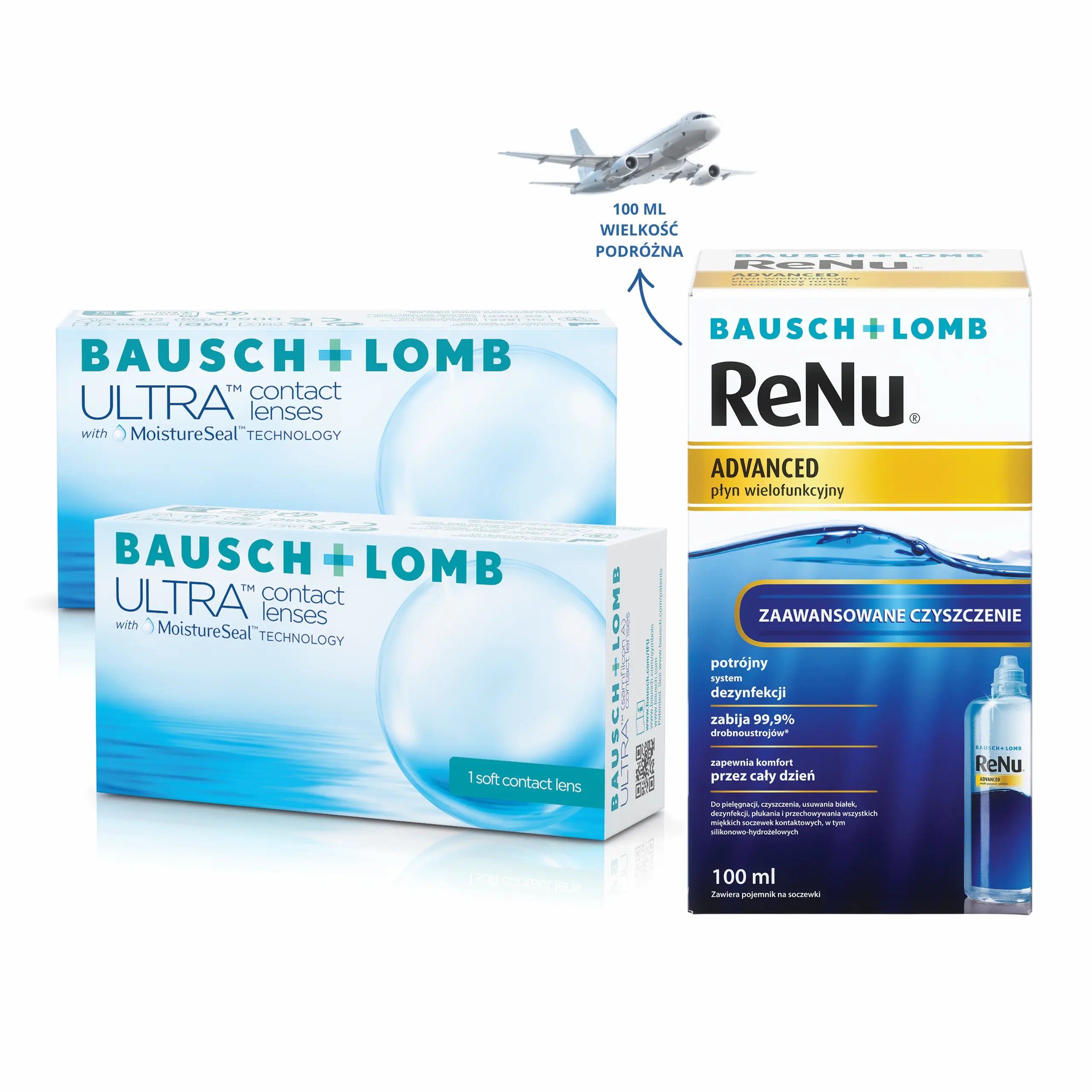 ULTRAzestaw Podróżny: 2x ULTRA® Soczewki miesięczne BC8.5 1 szt. + Płyn ReNu® Advanced 100 ml
