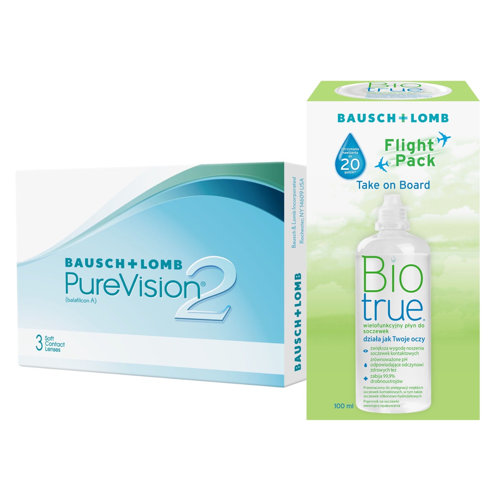 Zestaw: Soczewki miesięczne PureVision® 2 BC8.6 3 szt. + Płyn Biotrue® 100 ml