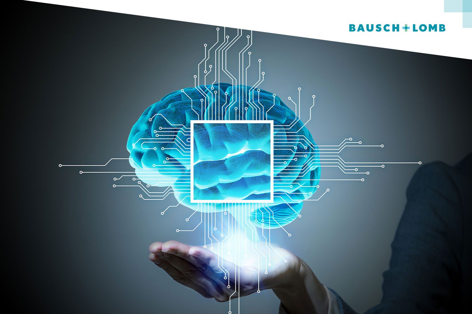 Cyfrowy mózg podświetlony na niebiesko unoszący się nad dłonią człowieka